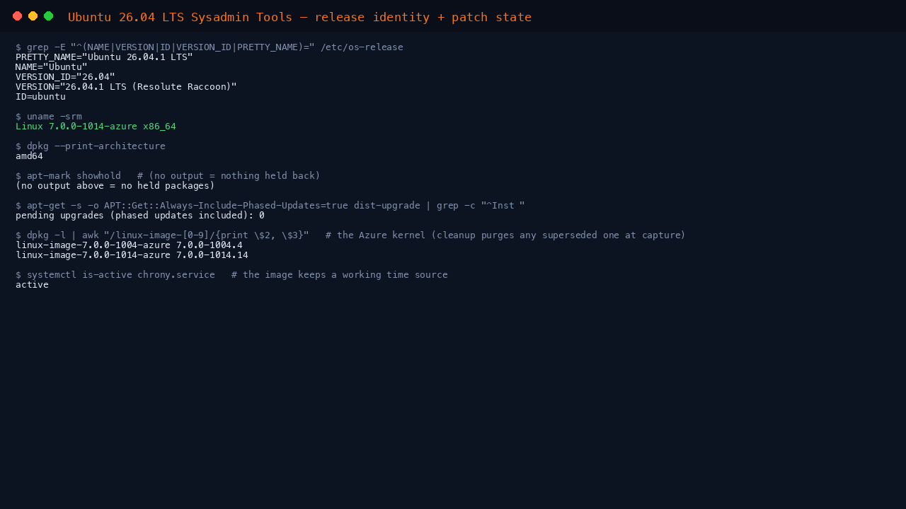 The terminal shows the os-release fields reporting Ubuntu 26.04.1 LTS Resolute Raccoon with VERSION_ID 26.04, uname reporting an x86_64 Azure kernel, dpkg print-architecture reporting amd64, no held packages, zero pending upgrades with phased updates included, and chrony reporting active