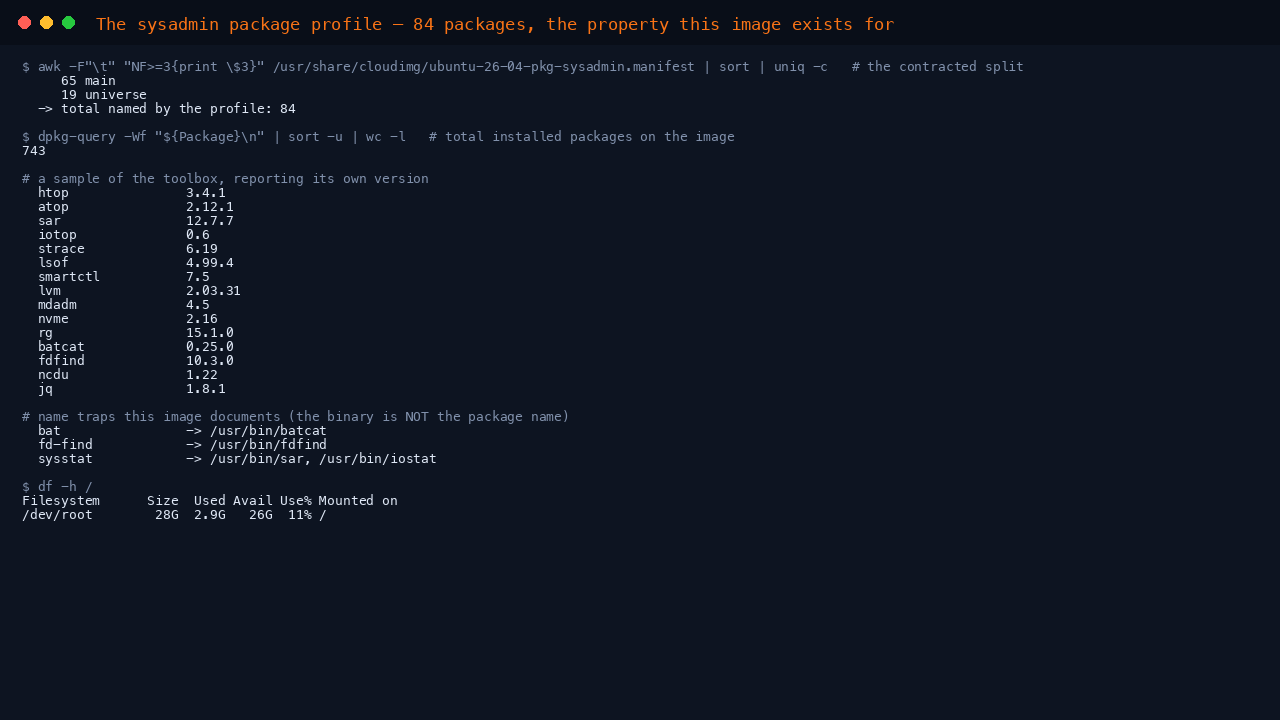The terminal shows the manifest reporting 65 main and 19 universe packages totalling 84, 743 packages installed in total, a sample of the toolbox each reporting its own version including htop, atop, sar, iotop, strace, lsof, smartctl, lvm, mdadm, nvme, ripgrep, batcat, fdfind, ncdu and jq, the three name traps mapping bat to batcat, fd-find to fdfind and sysstat to sar and iostat, and df reporting 26 GB free on the root filesystem