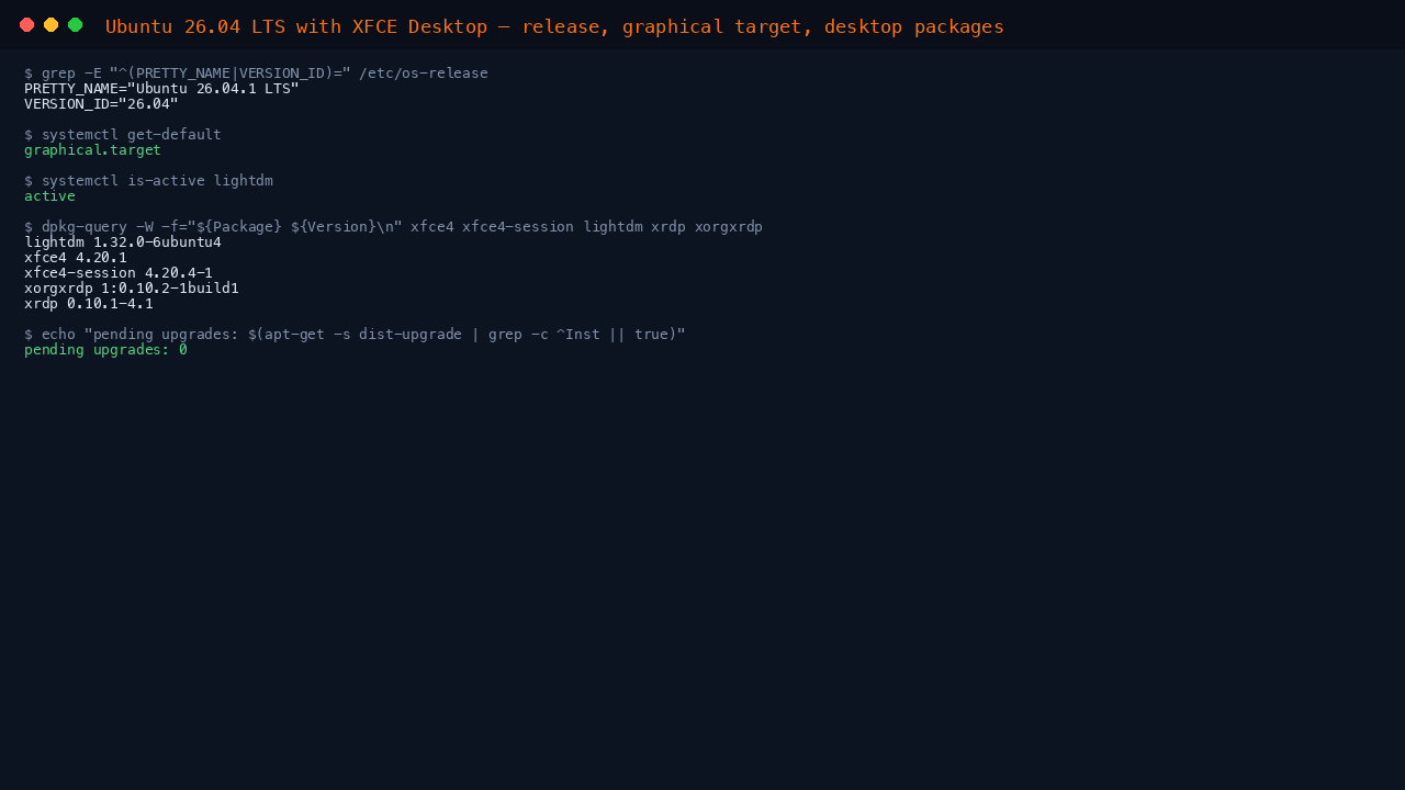 The terminal shows os-release reporting Ubuntu 26.04.1 LTS, the default target graphical.target, LightDM active, the installed versions of xfce4, xfce4-session, lightdm, xrdp and xorgxrdp, and zero pending upgrades