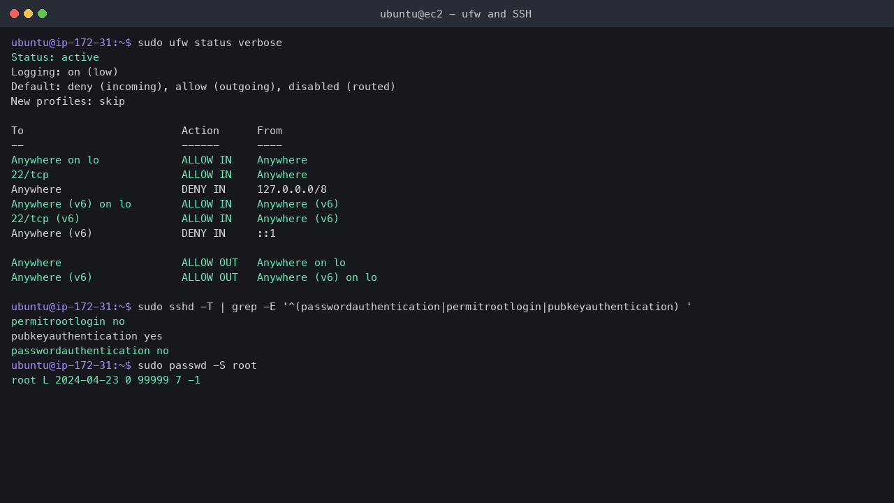 ufw allowing inbound SSH only, and key-only SSH settings
