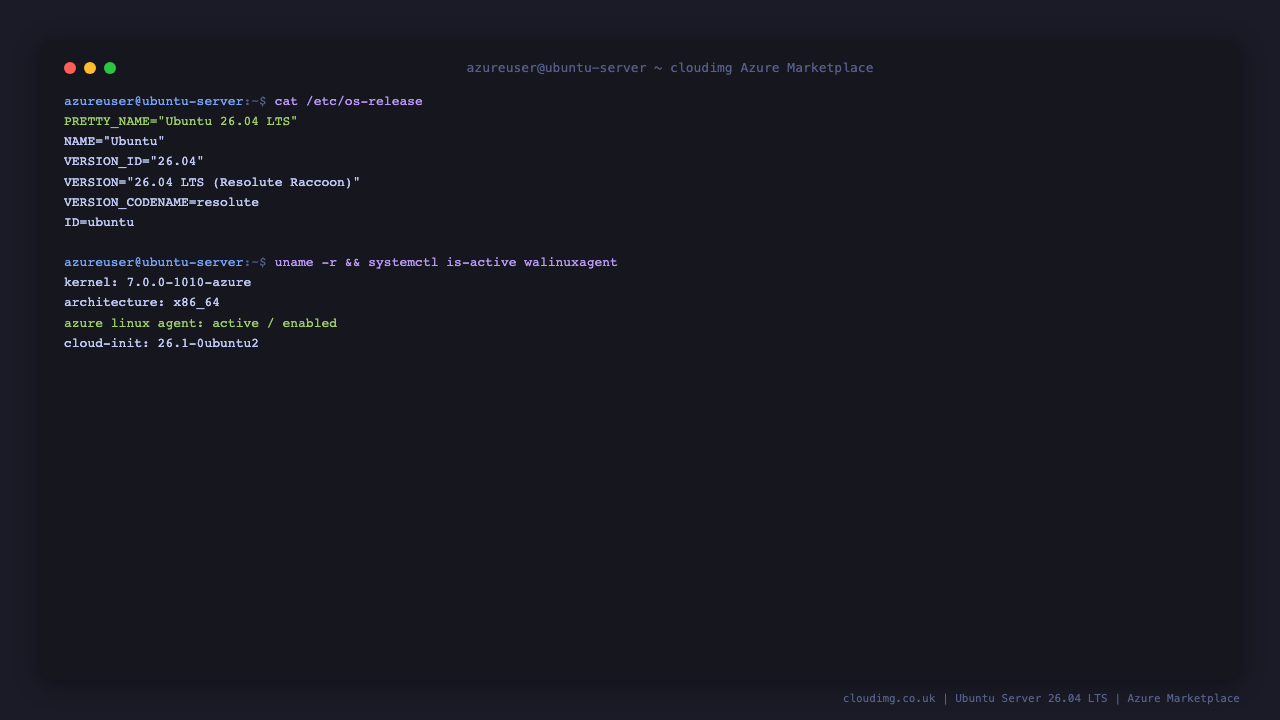 Terminal showing cat /etc/os-release reporting Ubuntu 26.04 LTS Resolute Raccoon, the 7.0.0-1010-azure kernel, x86_64 architecture and the Azure Linux Agent reporting active and enabled