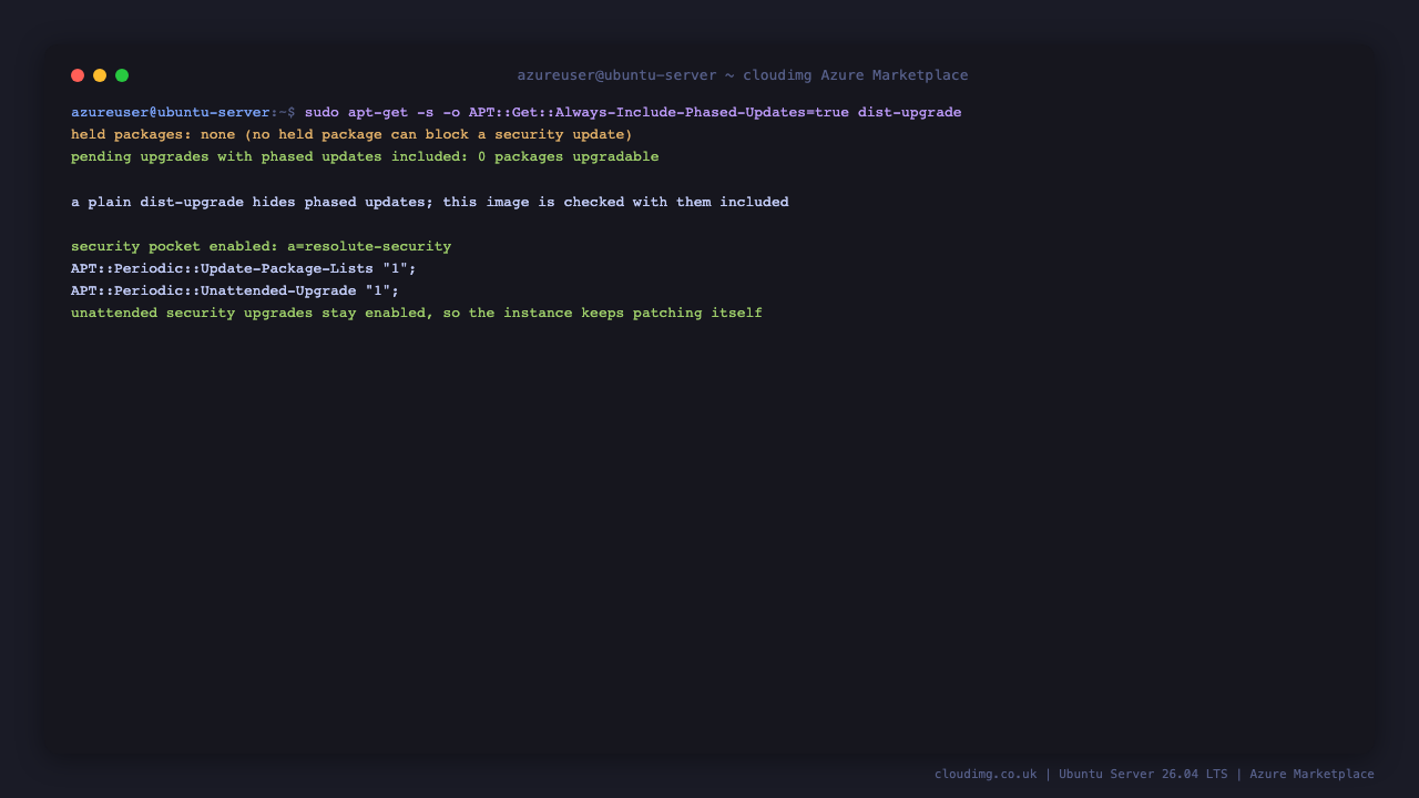 Terminal showing a simulated dist upgrade with phased updates included, reporting no held packages, zero packages upgradable, the resolute security pocket enabled and the periodic unattended upgrade settings
