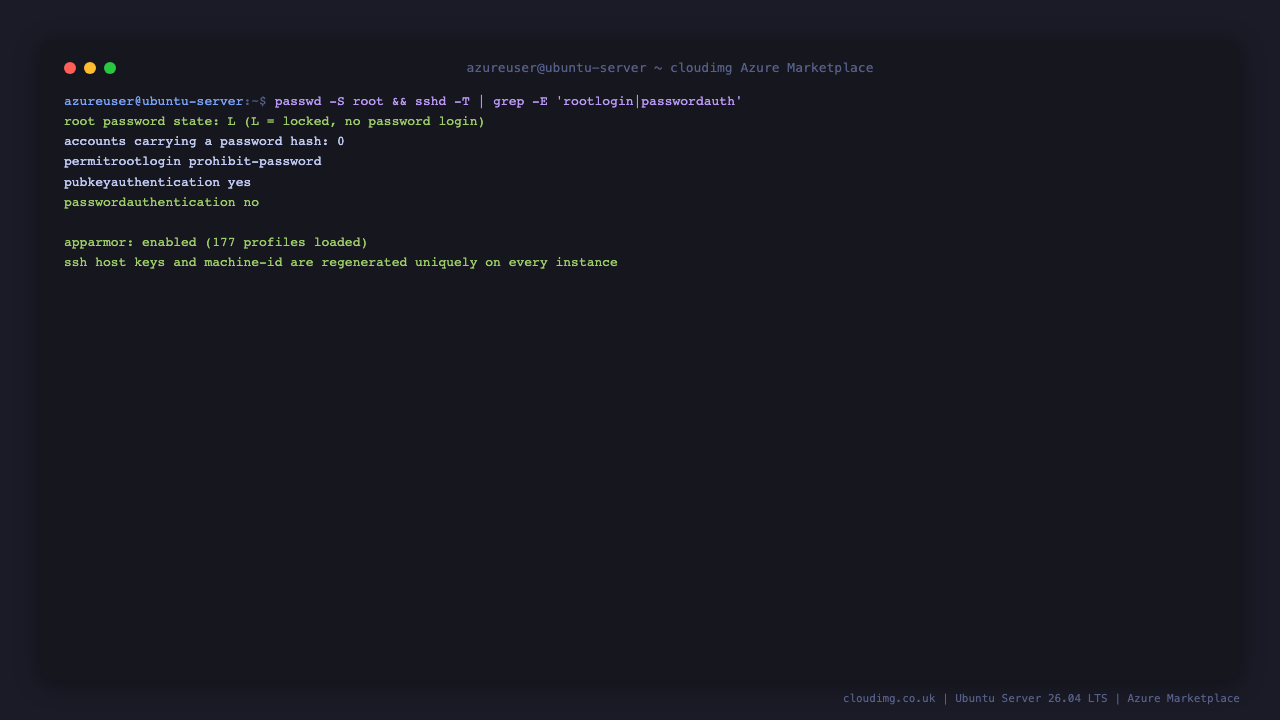 Terminal showing the root account locked, password authentication disabled, public key authentication enabled and AppArmor enabled with 177 profiles loaded