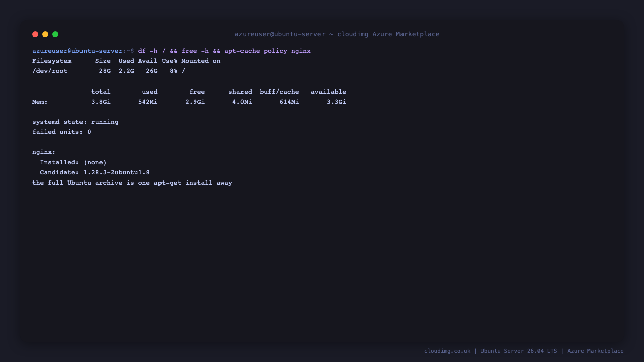Terminal showing 28 GB of root disk with 26 GB available, 3.8 GB of memory with no swap, systemd running with zero failed units, and the nginx package available from the archive