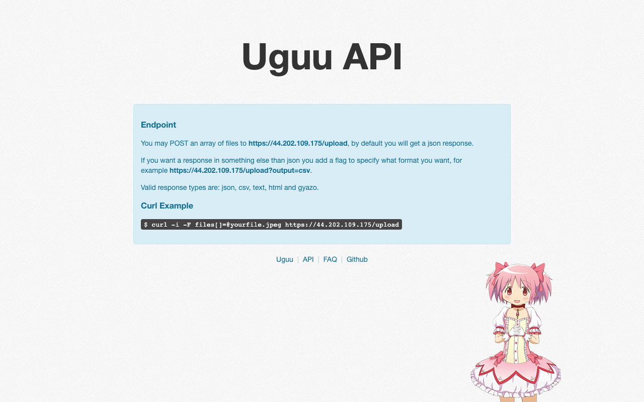 The Uguu API page showing the upload endpoint for this instance, the supported response formats and a curl example