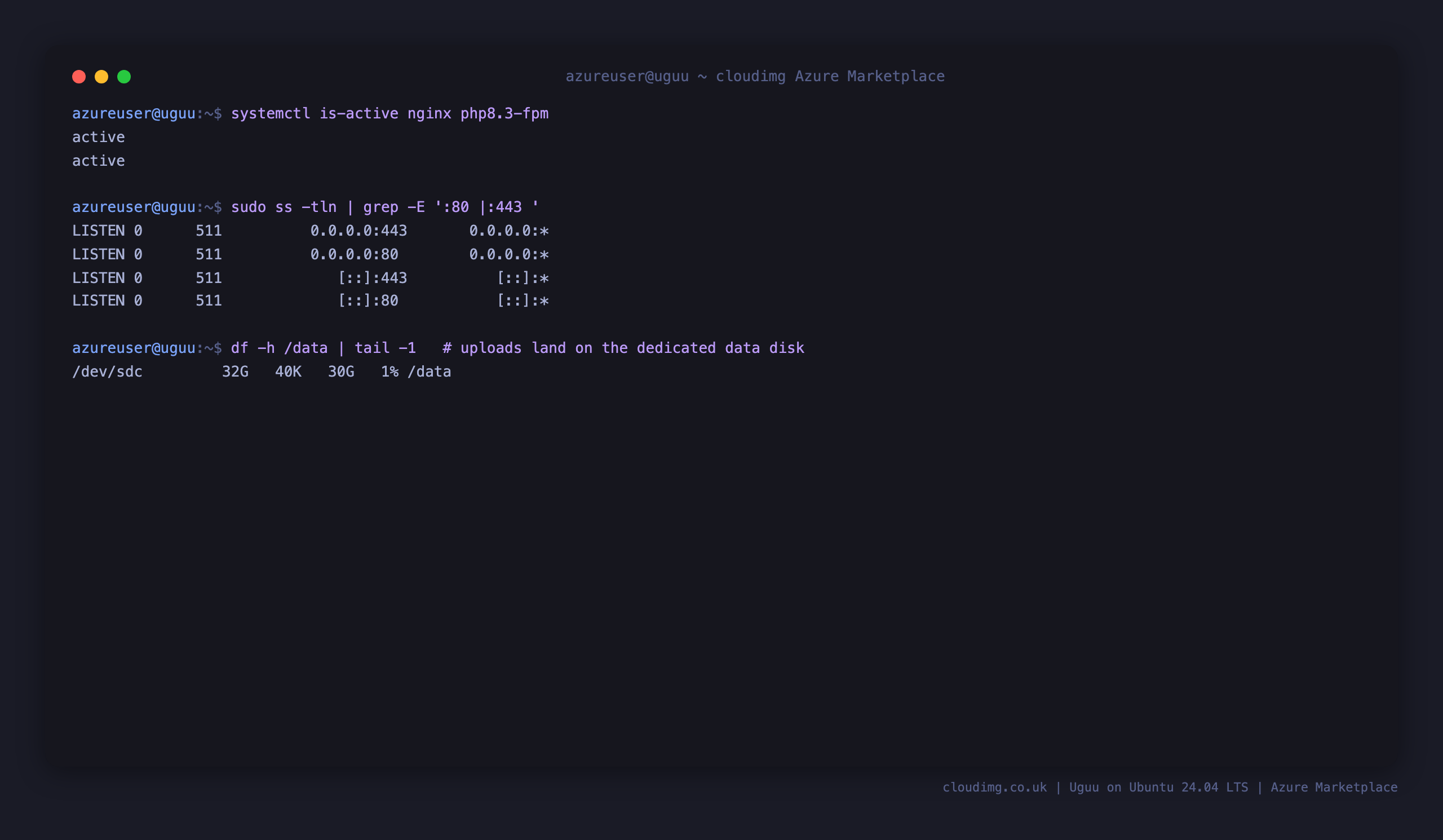 systemctl reports nginx and php8.3-fpm both active, ss shows nginx listening on :80 and :443, and df shows the dedicated 32G data disk mounted at /data where uploads are stored