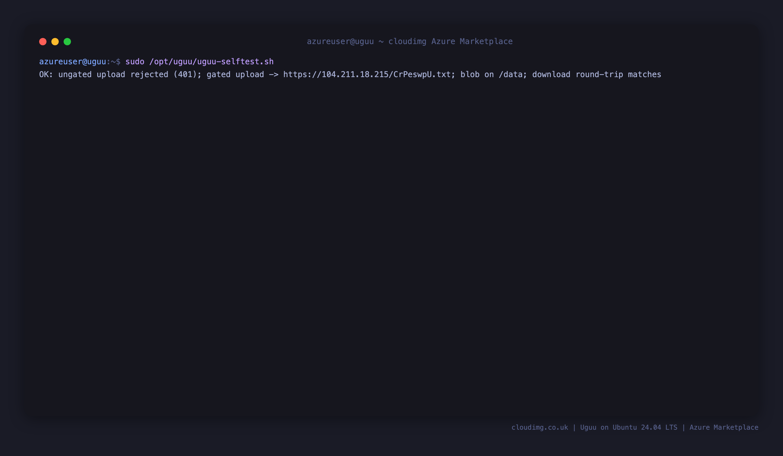 The uguu-selftest.sh output reporting that the ungated upload was rejected with 401, the gated upload returned a share URL, the blob landed on /data and the download round trip matched