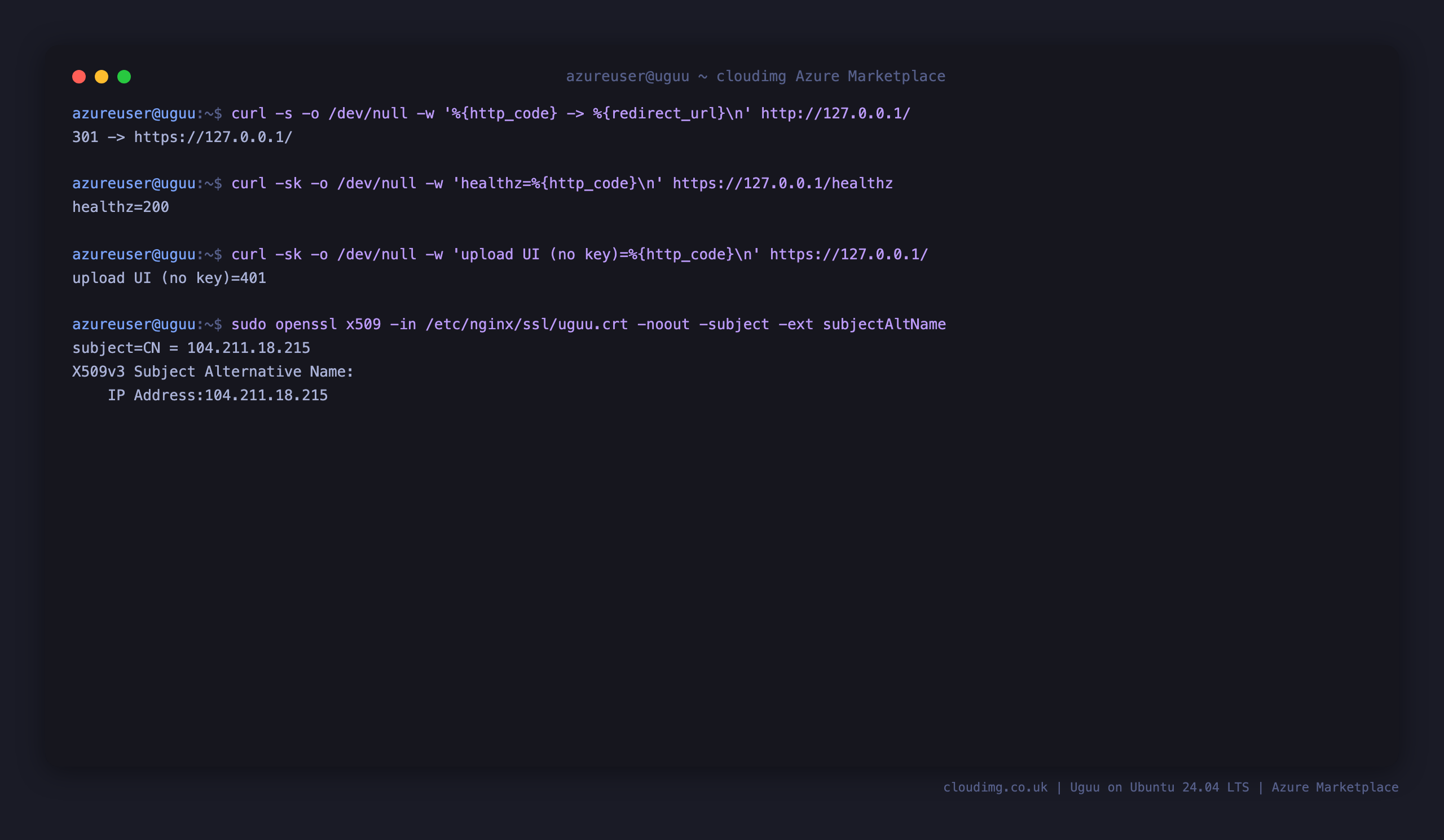 curl shows plain HTTP returning a 301 redirect to https, the healthz probe returning 200, the uploader page returning 401 without a key, and openssl printing the per VM self signed certificate subject and IP Subject Alternative Name
