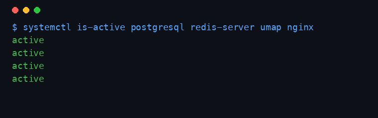 Terminal output showing postgresql, redis-server, umap and nginx all reporting active
