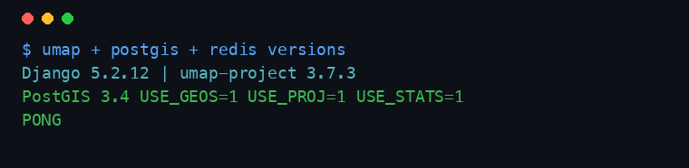 Terminal output showing the installed Django and uMap versions and PostGIS reporting version 3.4