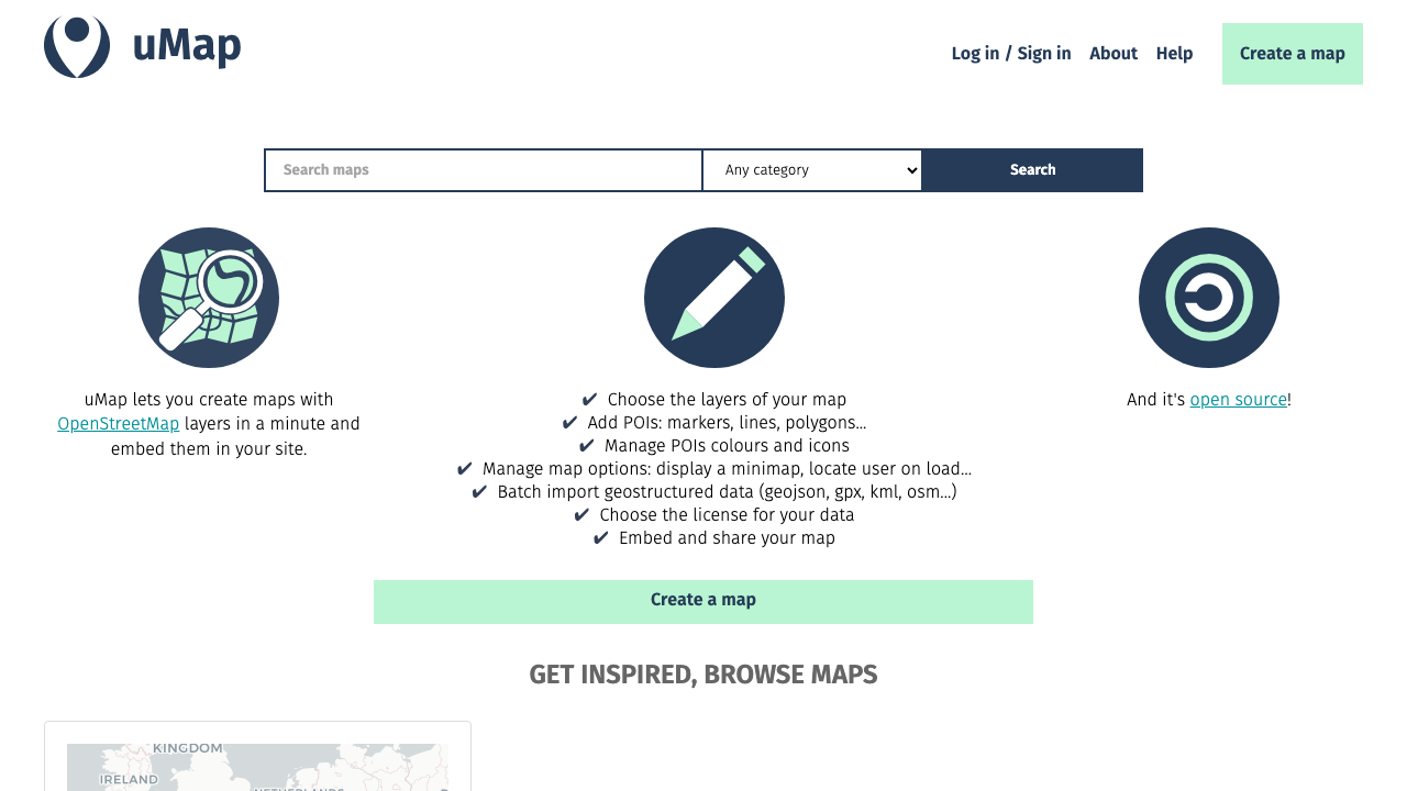 The uMap home page with a search box, the create a map button and a description of what uMap does