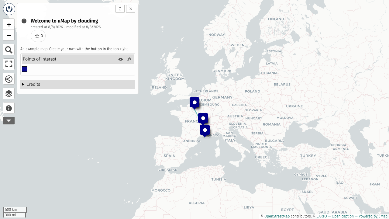 The example map Welcome to uMap by cloudimg showing three city markers and a route on OpenStreetMap tiles, with the Points of interest data layer
