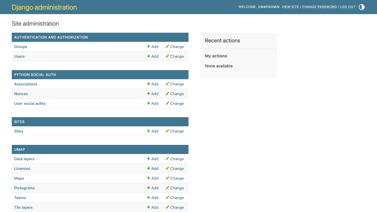 The Django administration dashboard signed in as umapadmin, showing the uMap section with Maps, Data layers, Licences, Pictograms, Teams and Tile layers