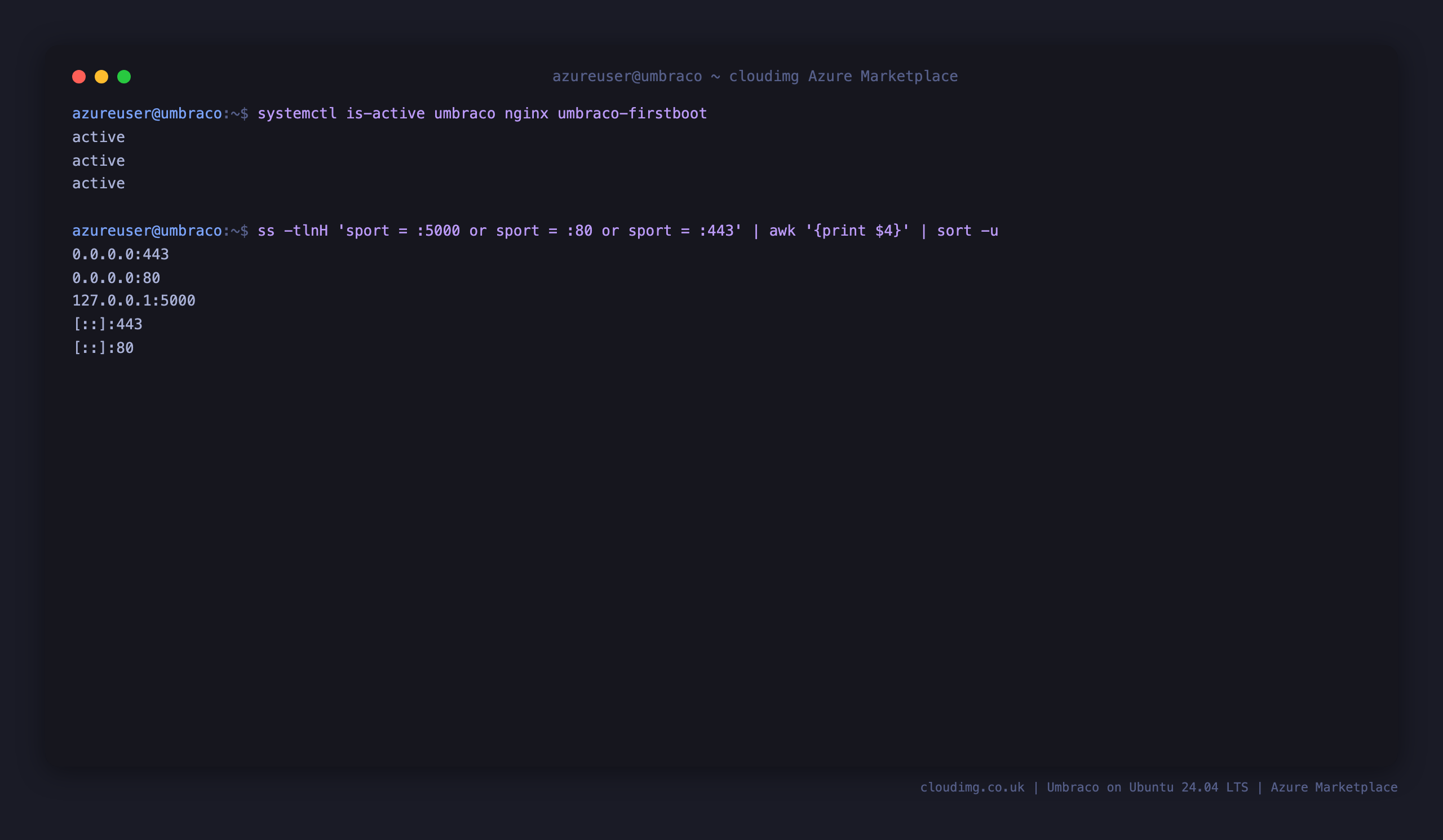 The umbraco, nginx and umbraco-firstboot services active, with Kestrel bound to loopback 127.0.0.1:5000 and nginx listening on ports 80 and 443
