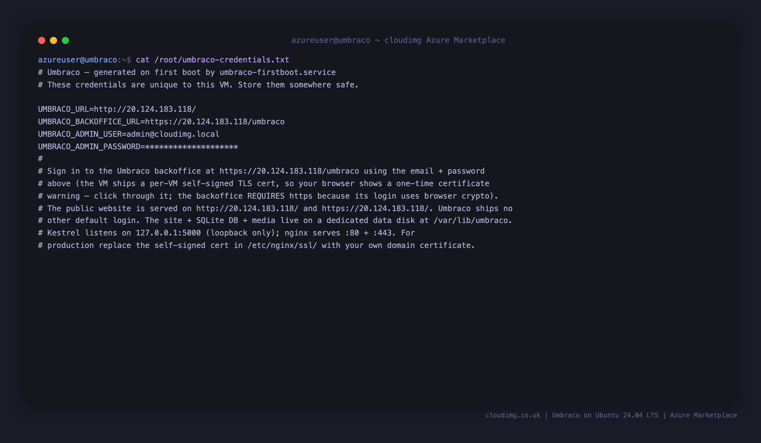 The per VM Umbraco credentials file, showing the admin login email, the generated password and the backoffice and site URLs