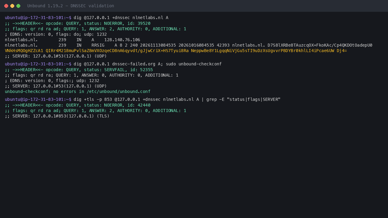 dig for nlnetlabs.nl returning NOERROR with the ad flag and an RRSIG, and dig for dnssec-failed.org returning SERVFAIL because its signatures fail validation