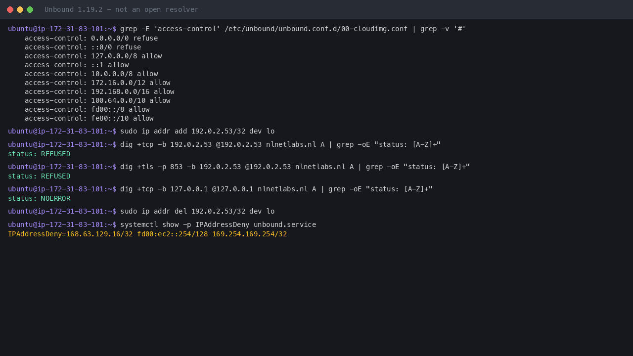 The access-control rules refusing 0.0.0.0/0 and ::0/0 and allowing private ranges, and a query from the public test address 192.0.2.53 refused over DNS and DNS-over-TLS while the same query from 127.0.0.1 is answered