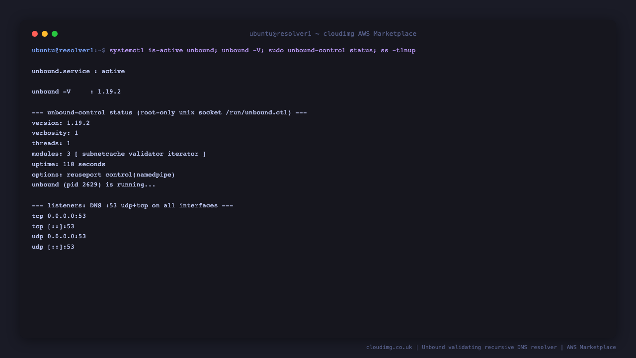unbound.service reports active, unbound -V shows version 1.19.2, unbound-control status shows the server running with the validator and iterator modules loaded and the control channel using the local namedpipe unix socket, and ss shows Unbound listening on port 53 udp and tcp on all interfaces