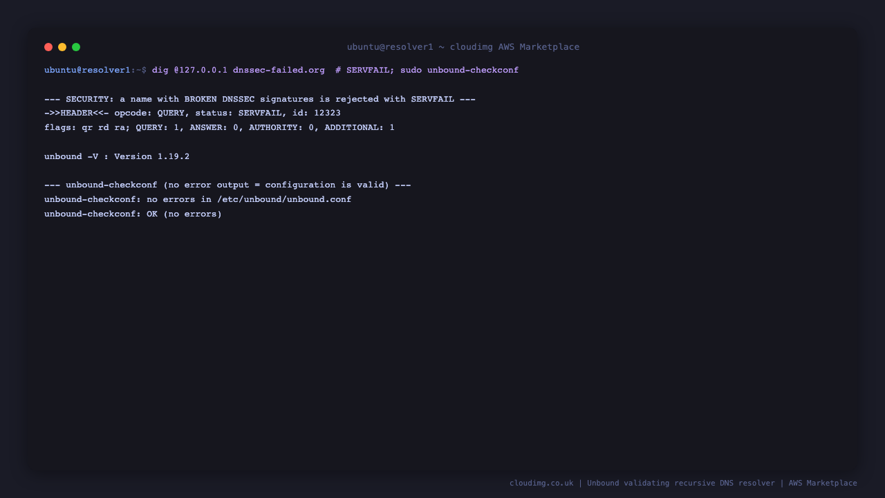 dig for dnssec-failed.org returns status SERVFAIL with zero answers because its DNSSEC signatures fail to validate, unbound reports version 1.19.2, and unbound-checkconf reports no errors in the configuration