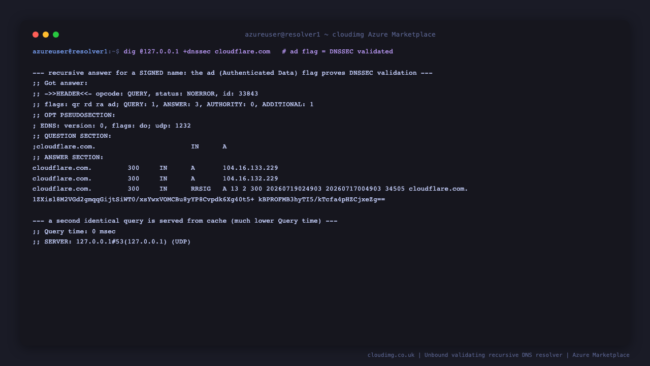 dig with the plus dnssec option for cloudflare.com returns status NOERROR with the ad flag set in the header, confirming DNSSEC validation against the root trust anchor, and the RRSIG record is present in the answer