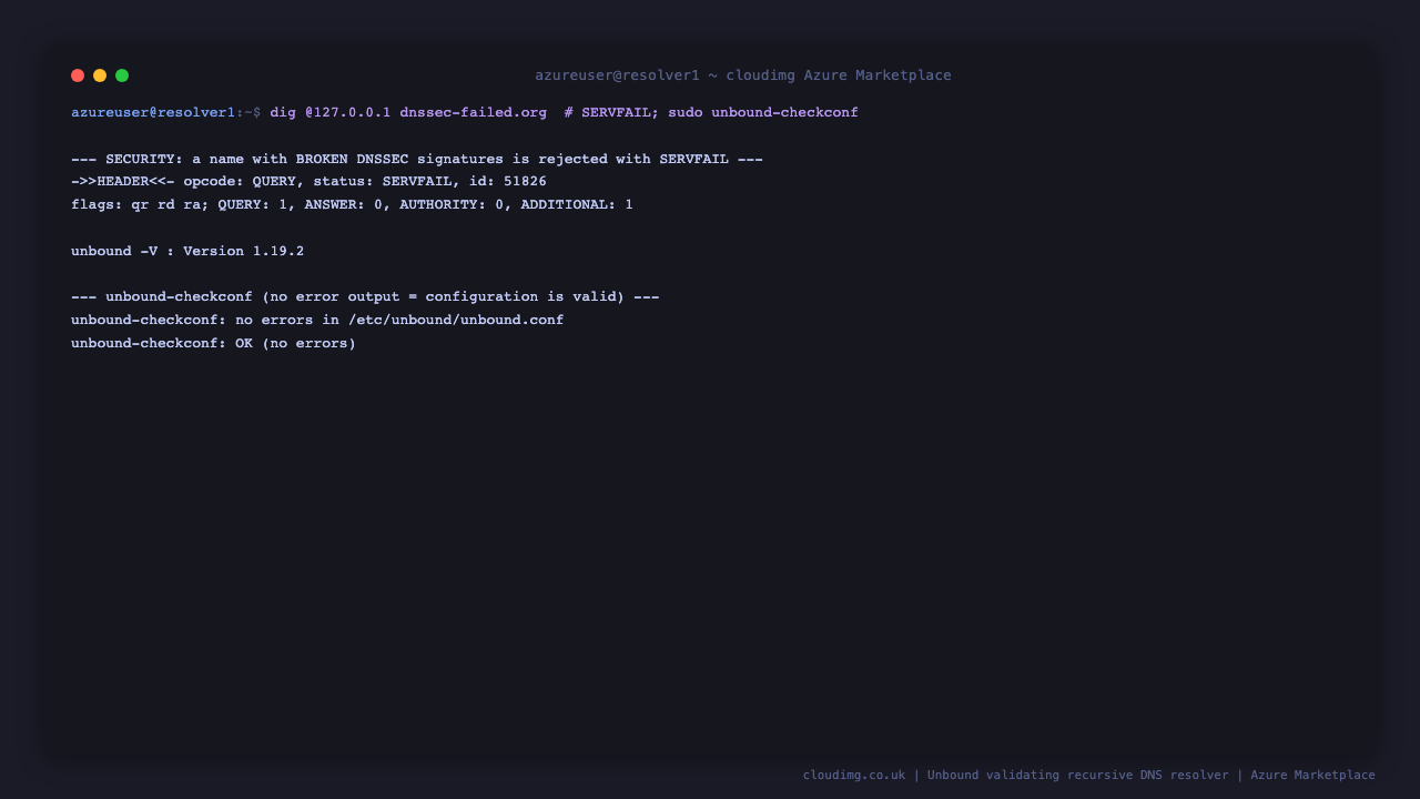 dig for dnssec-failed.org returns status SERVFAIL with zero answers because its DNSSEC signatures fail to validate, and unbound-checkconf reports no errors in the configuration