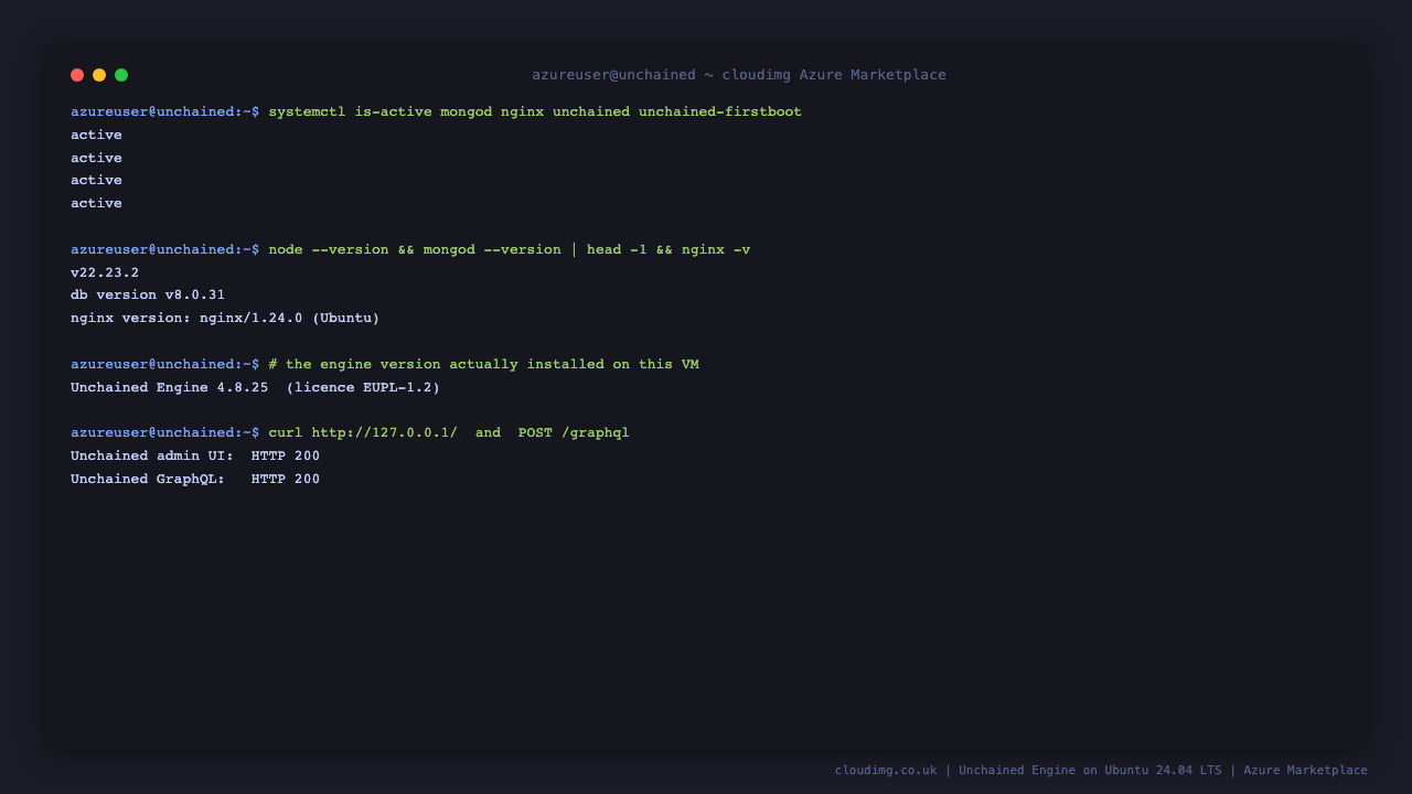 The mongod, nginx, unchained and unchained-firstboot services all reporting active, with Node.js 22, MongoDB 8.0 and nginx versions, the installed Unchained Engine release and its EUPL-1.2 licence, and HTTP 200 from both the admin console and the GraphQL endpoint