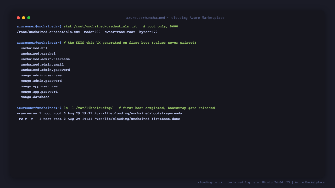 The per VM credentials file proven to be mode 600 owned by root, the names of the keys it holds with no values printed, and the first boot sentinel and bootstrap ready marker both present