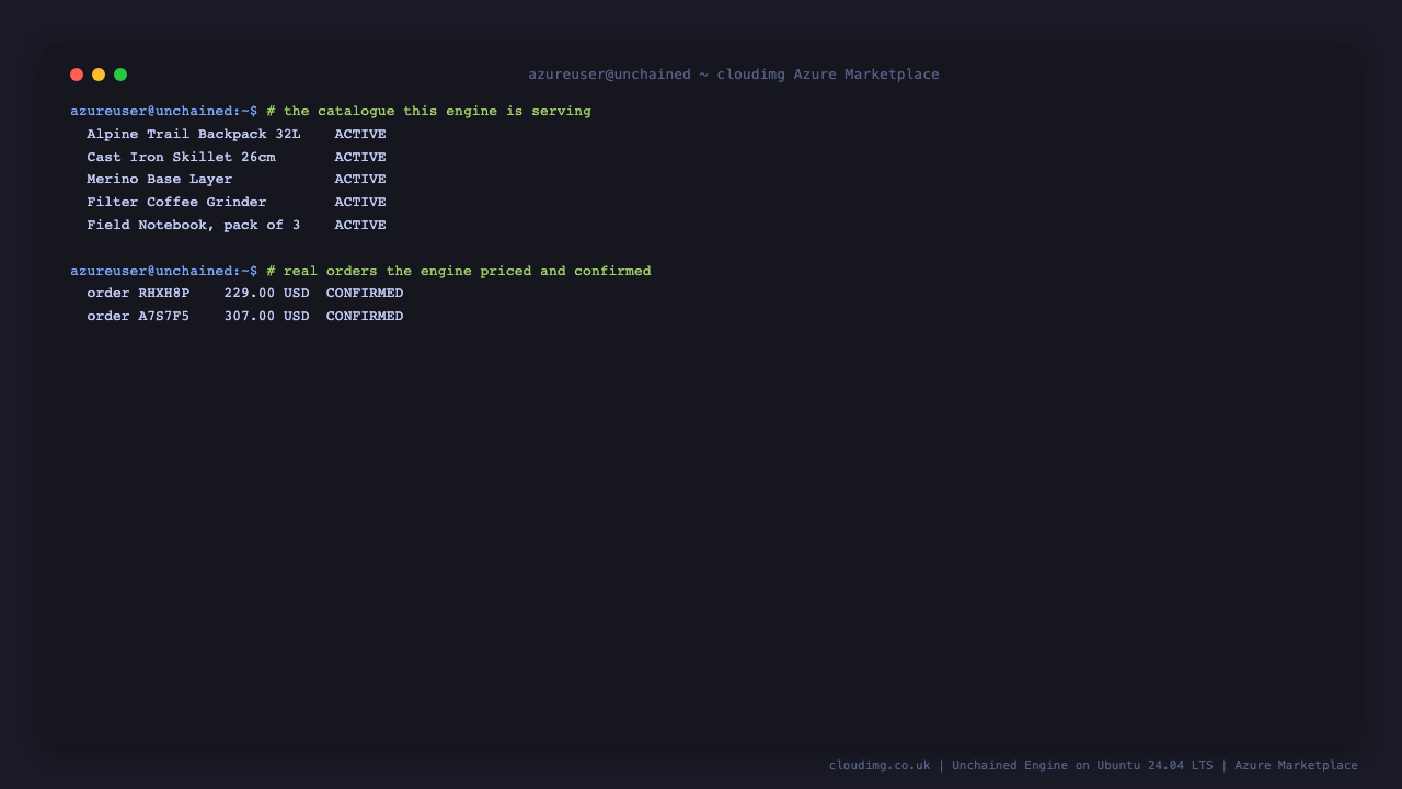 The engine's catalogue and the orders it has priced and confirmed, read back through the authenticated GraphQL API