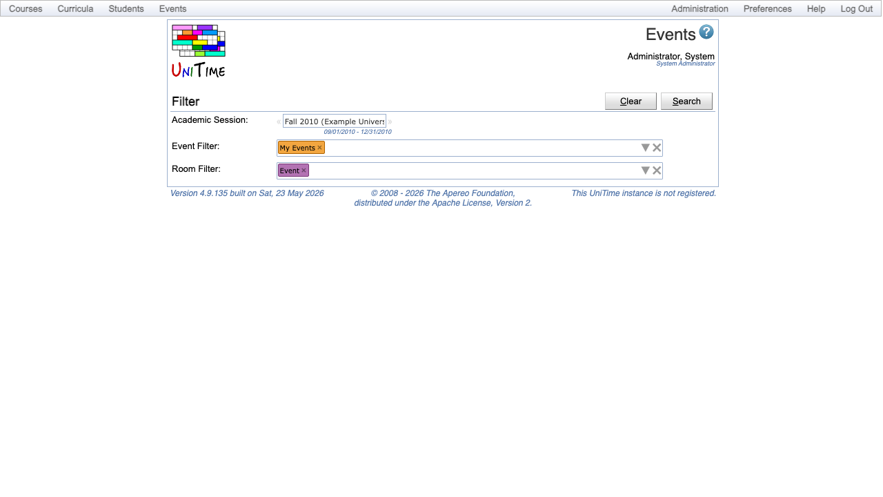The UniTime Events module showing the academic session selector with the session date range read from the database, plus the event and room filters
