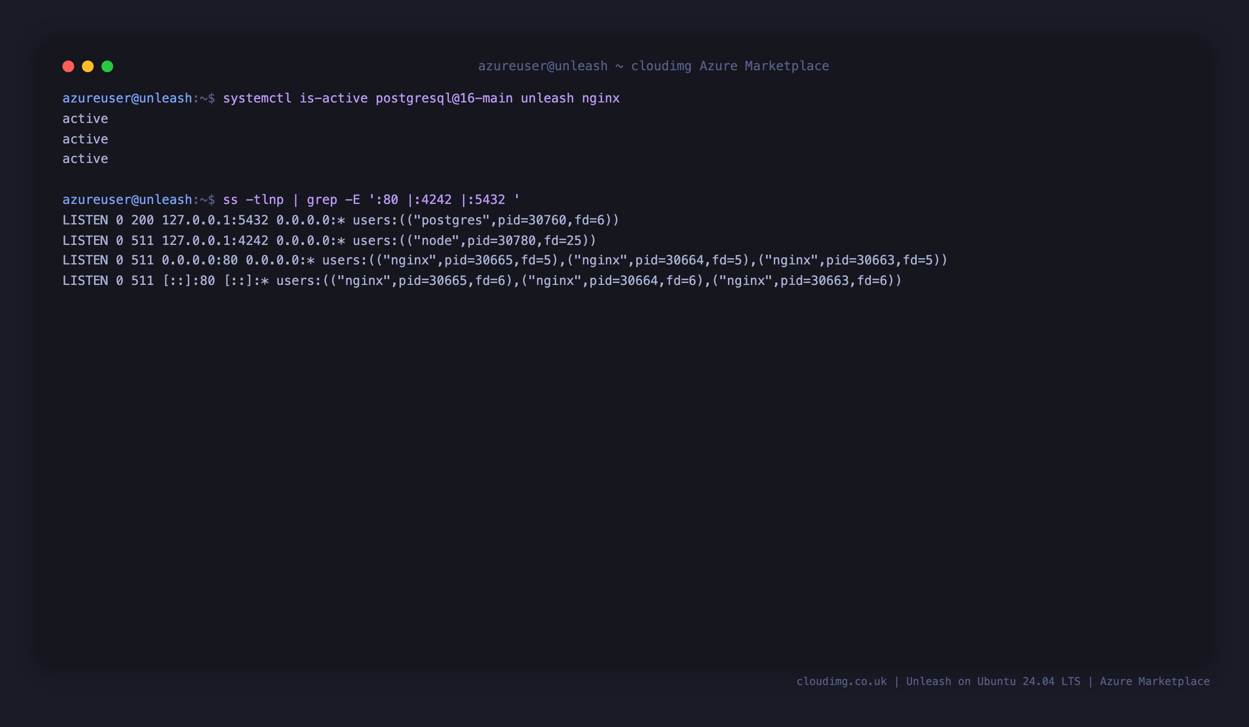 The postgresql, unleash and nginx services active, with nginx on port 80 and both the Unleash server and PostgreSQL bound to loopback