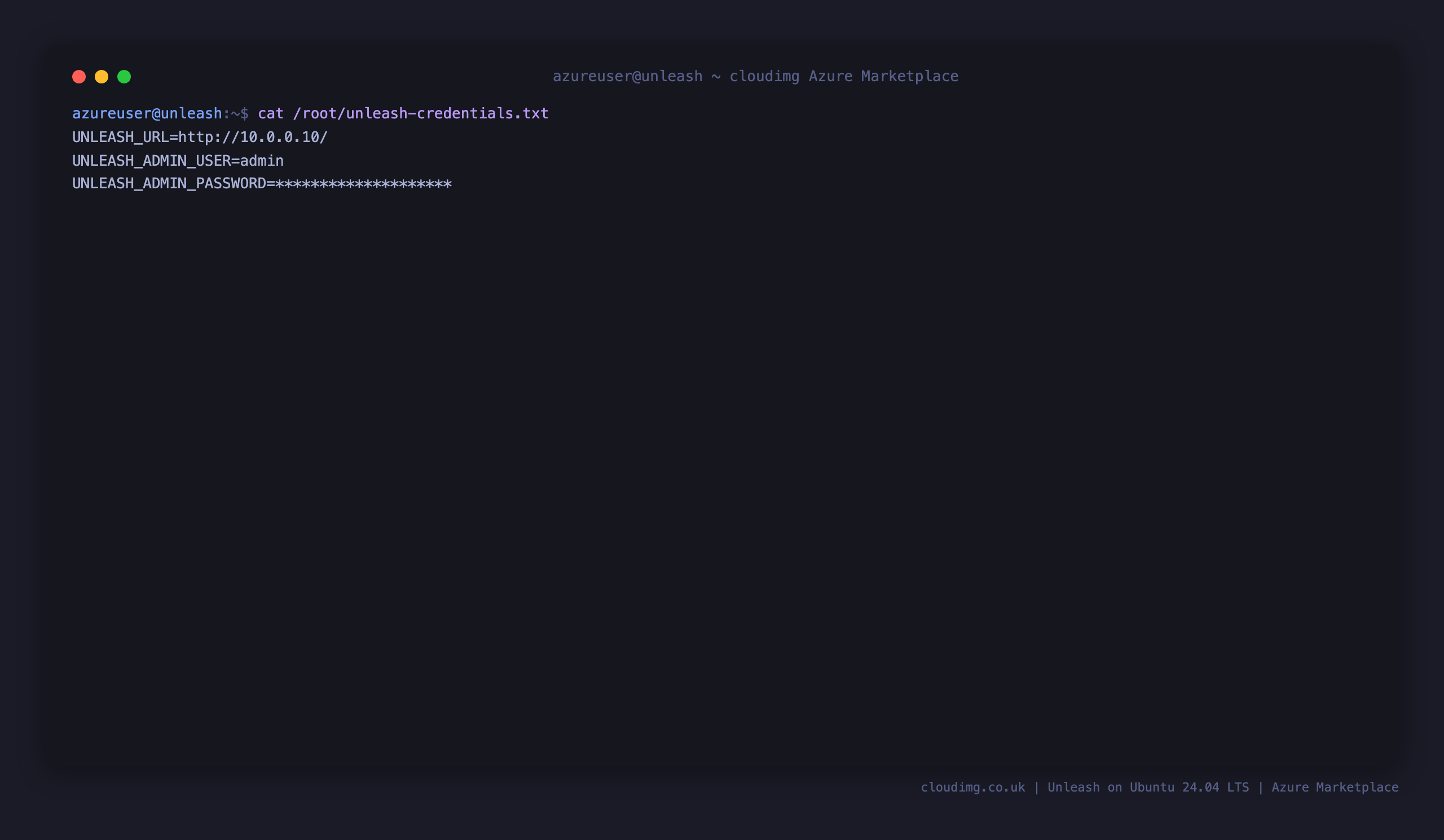 The per VM Unleash credentials file, showing the admin user, the generated password and the Unleash URL