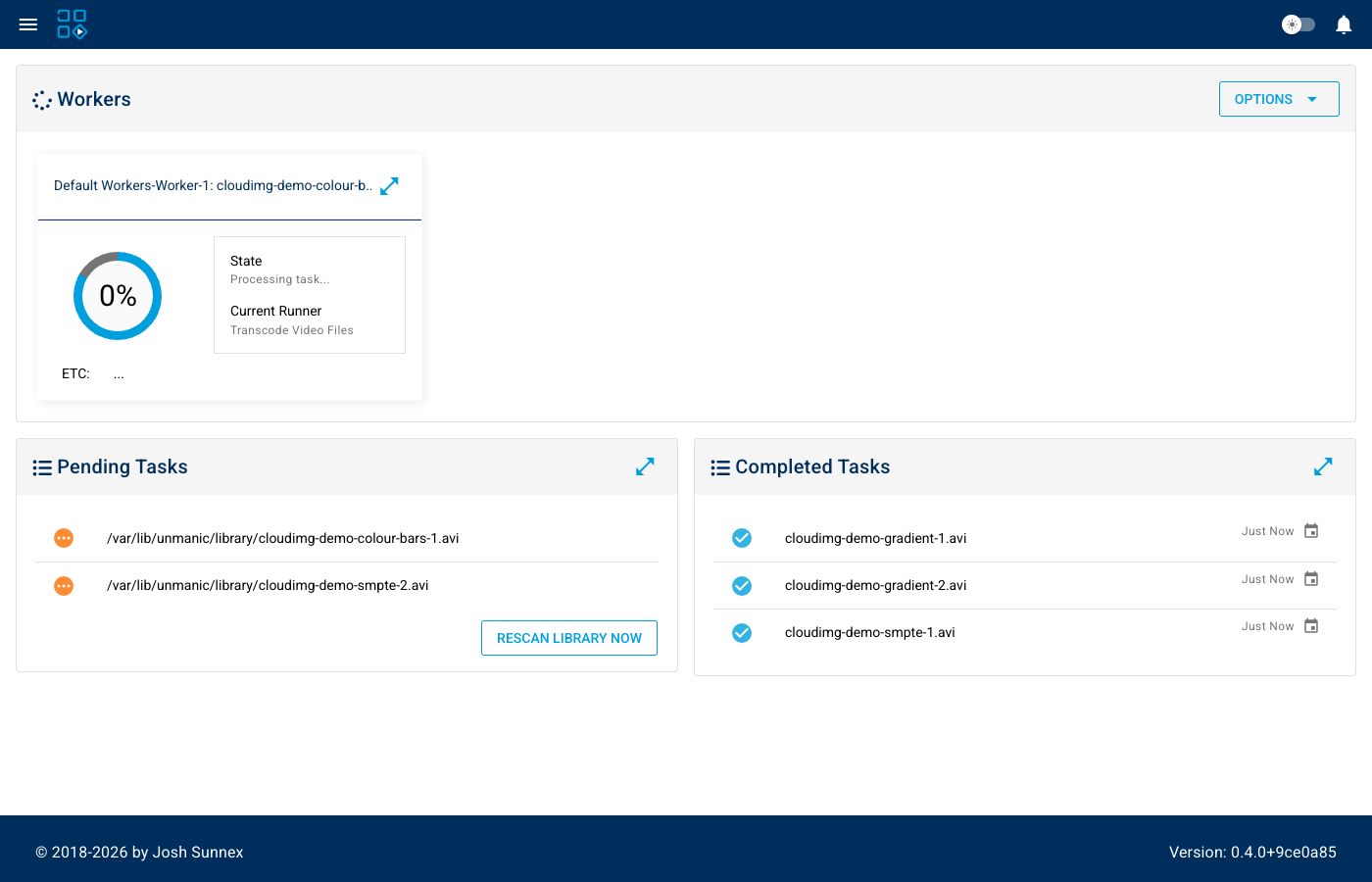 The Unmanic transcoding dashboard - a worker actively transcoding, the pending-tasks queue and the completed-tasks history