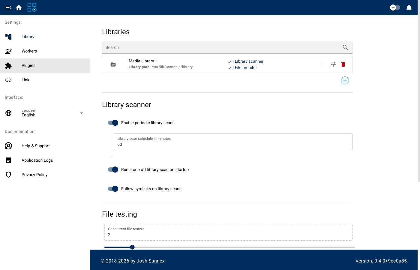 The library settings - media library configured, periodic scanner and file monitor enabled