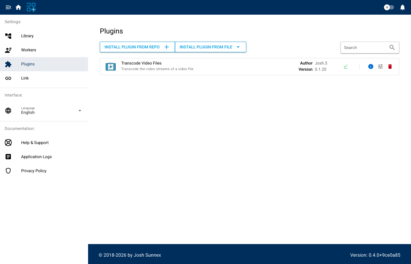 The Plugins page showing the official Transcode Video Files plugin pre-installed and enabled