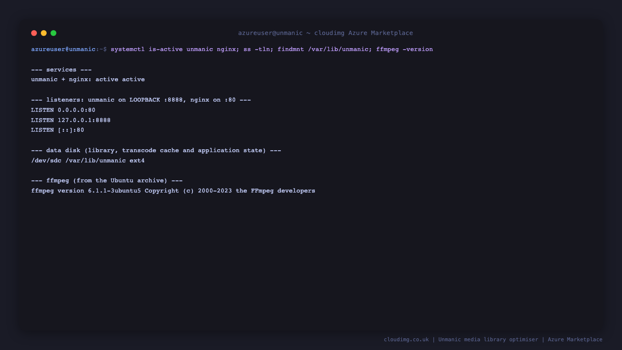 Unmanic and nginx service status, loopback listener and the mounted data disk