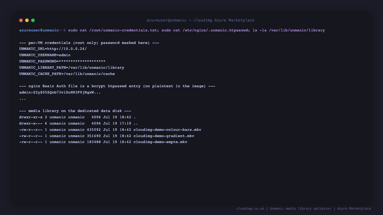Per-VM credentials file, the bcrypt Basic Auth entry and the seeded media library