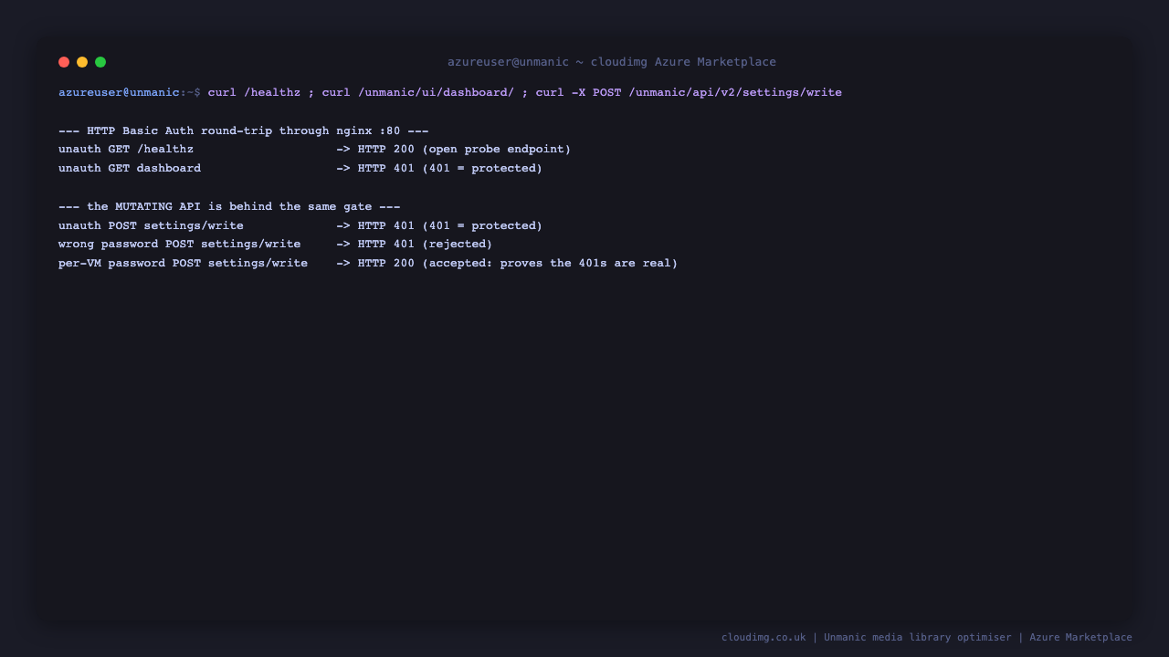 Basic Auth round trip showing the health probe open, the dashboard and mutating API rejected, and the per-VM password accepted