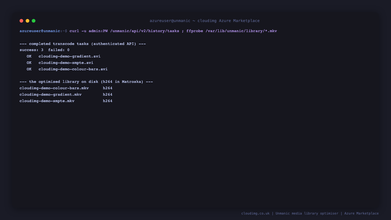 Completed transcode tasks from the API and the resulting h264 Matroska files on disk