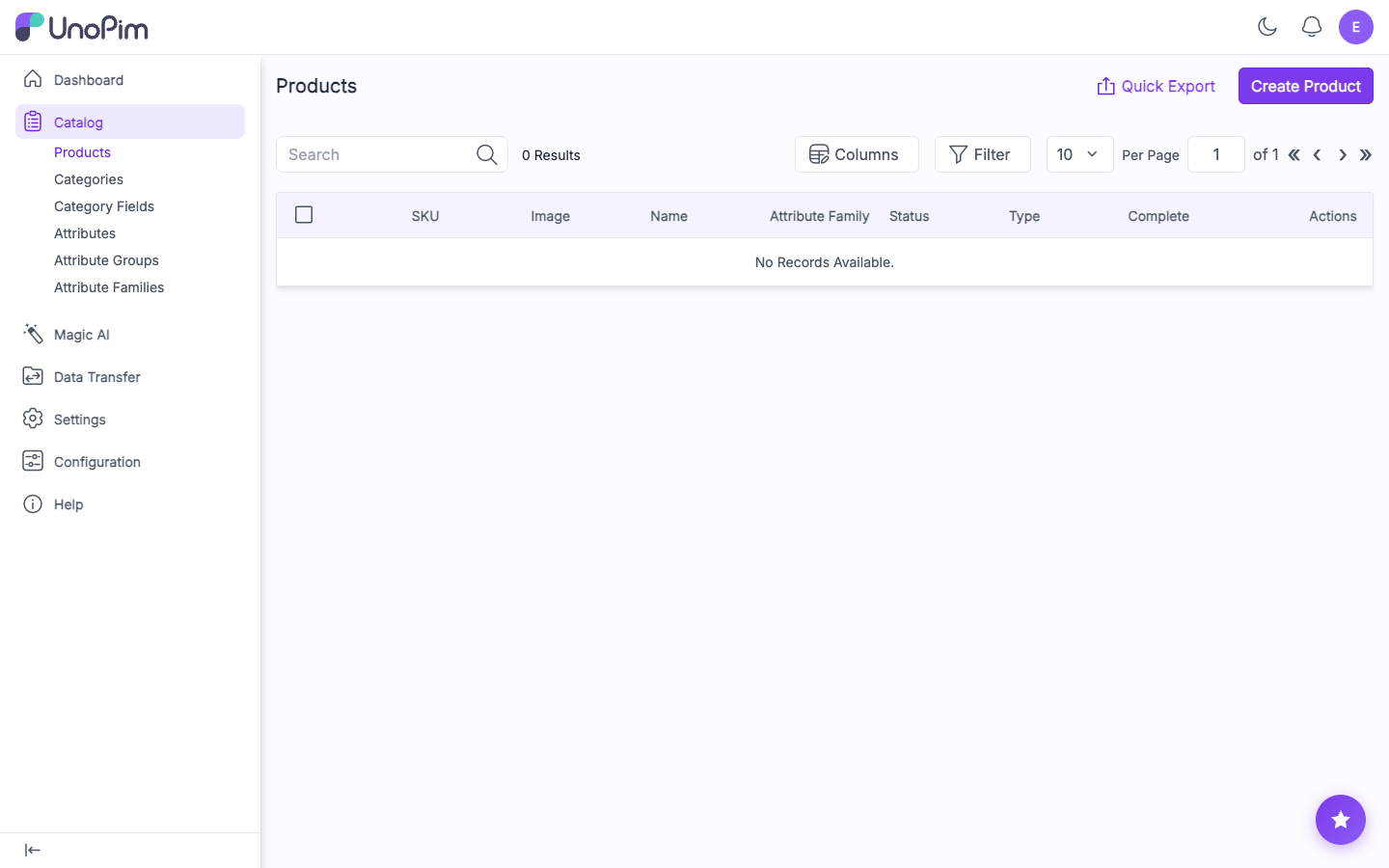 UnoPim products grid