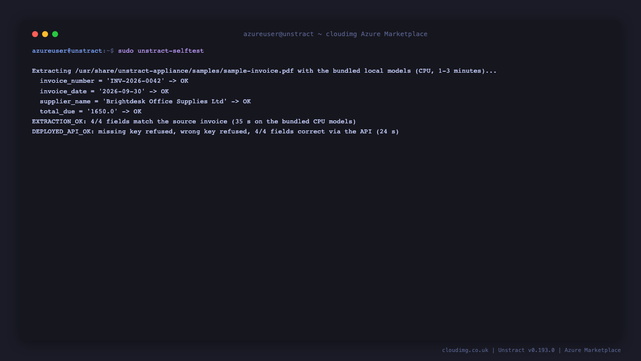 sudo unstract-selftest: four fields extracted from the sample invoice and checked, and the deployed API refusing a missing or wrong key