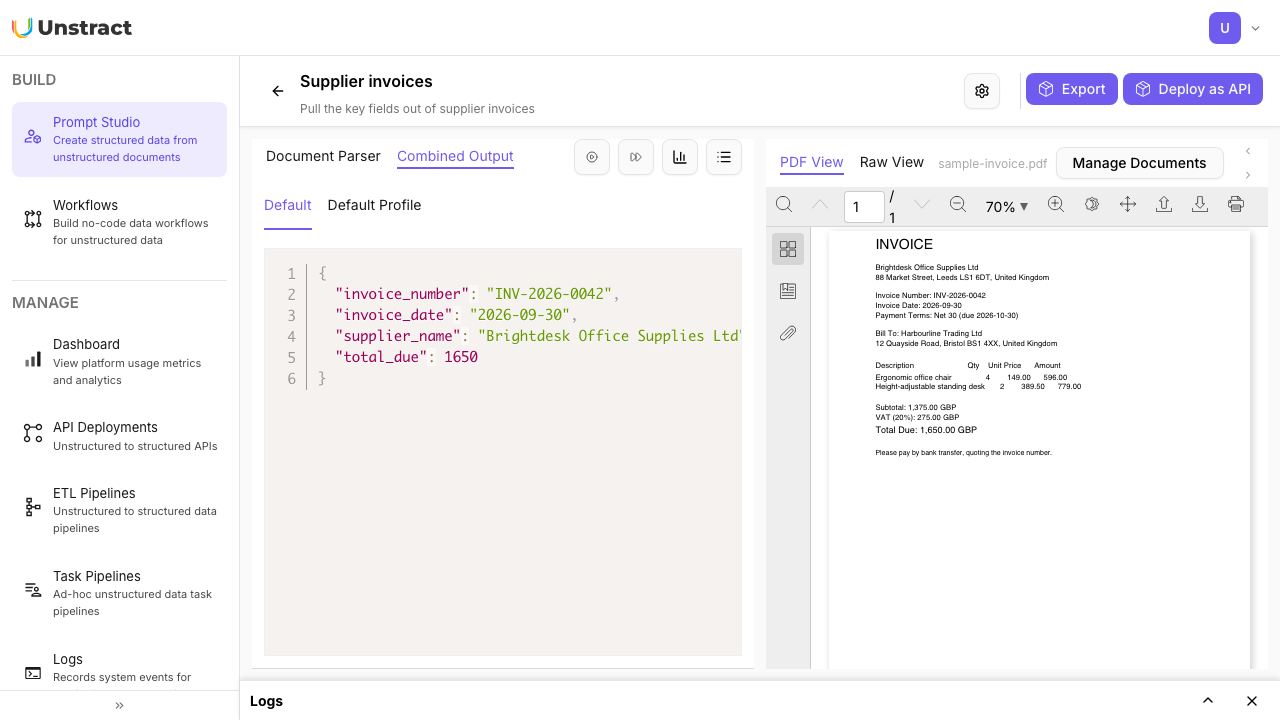 Prompt Studio, Combined Output: the JSON extracted from the sample invoice by the bundled CPU models, next to the source PDF