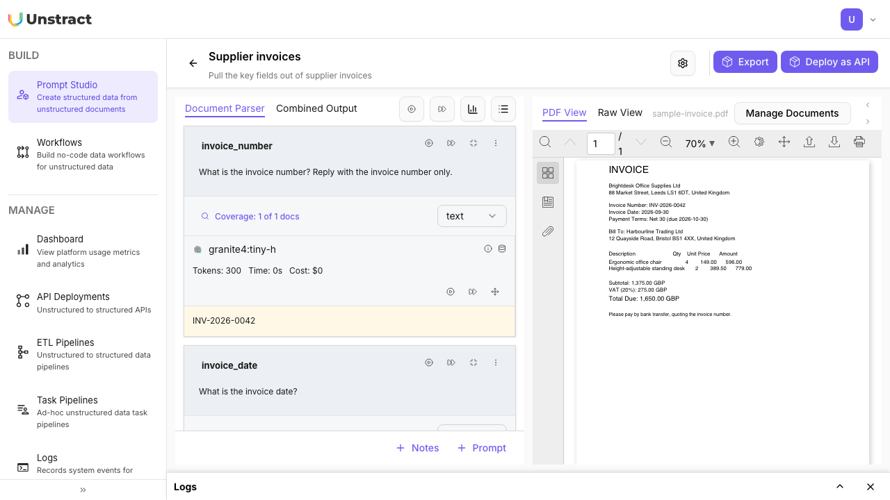 Prompt Studio, Document Parser: each prompt and the answer the local model extracted from the sample invoice