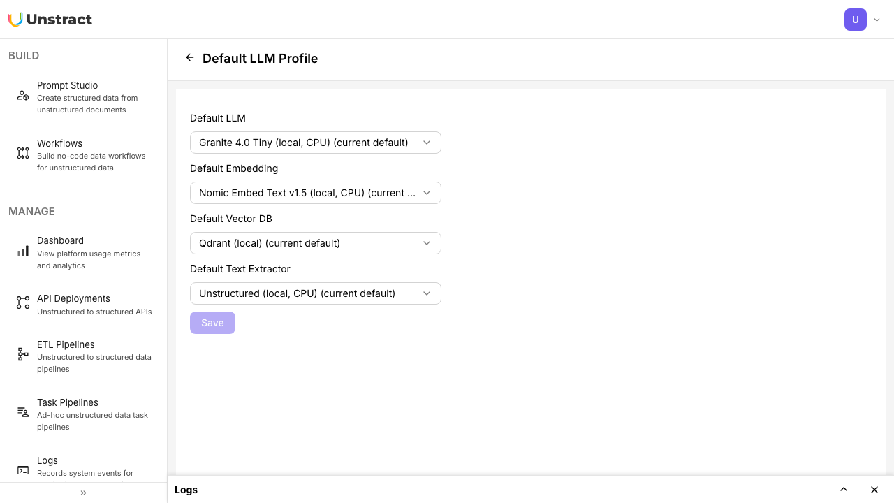 Settings, Default LLM Profile: the bundled local LLM, embedding model, vector database and text extractor selected as the defaults