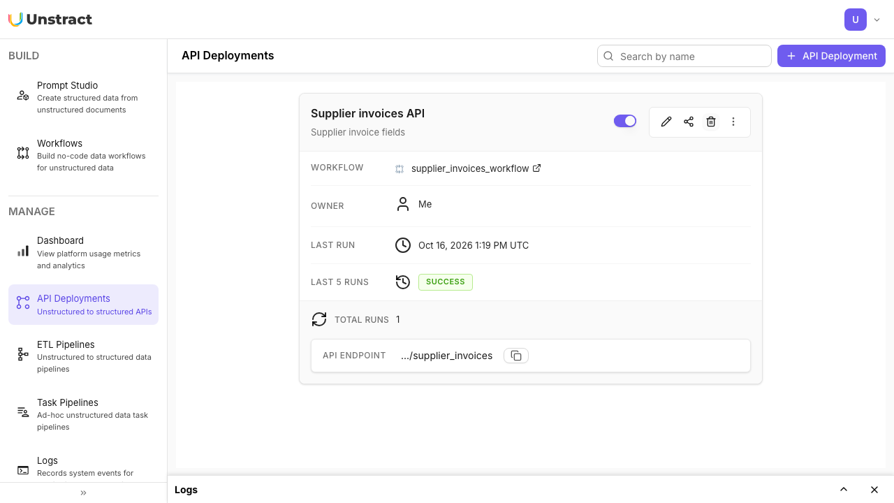 API Deployments: the Supplier invoices API with its endpoint, last run and status