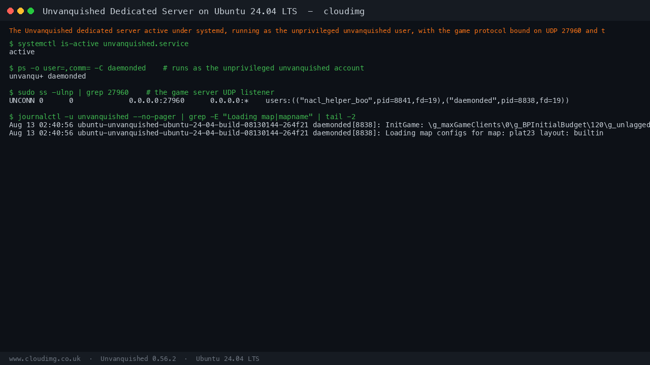 The Unvanquished dedicated server active under systemd, running as the unprivileged unvanquished user, bound to UDP 27960 with the plat23 map loaded