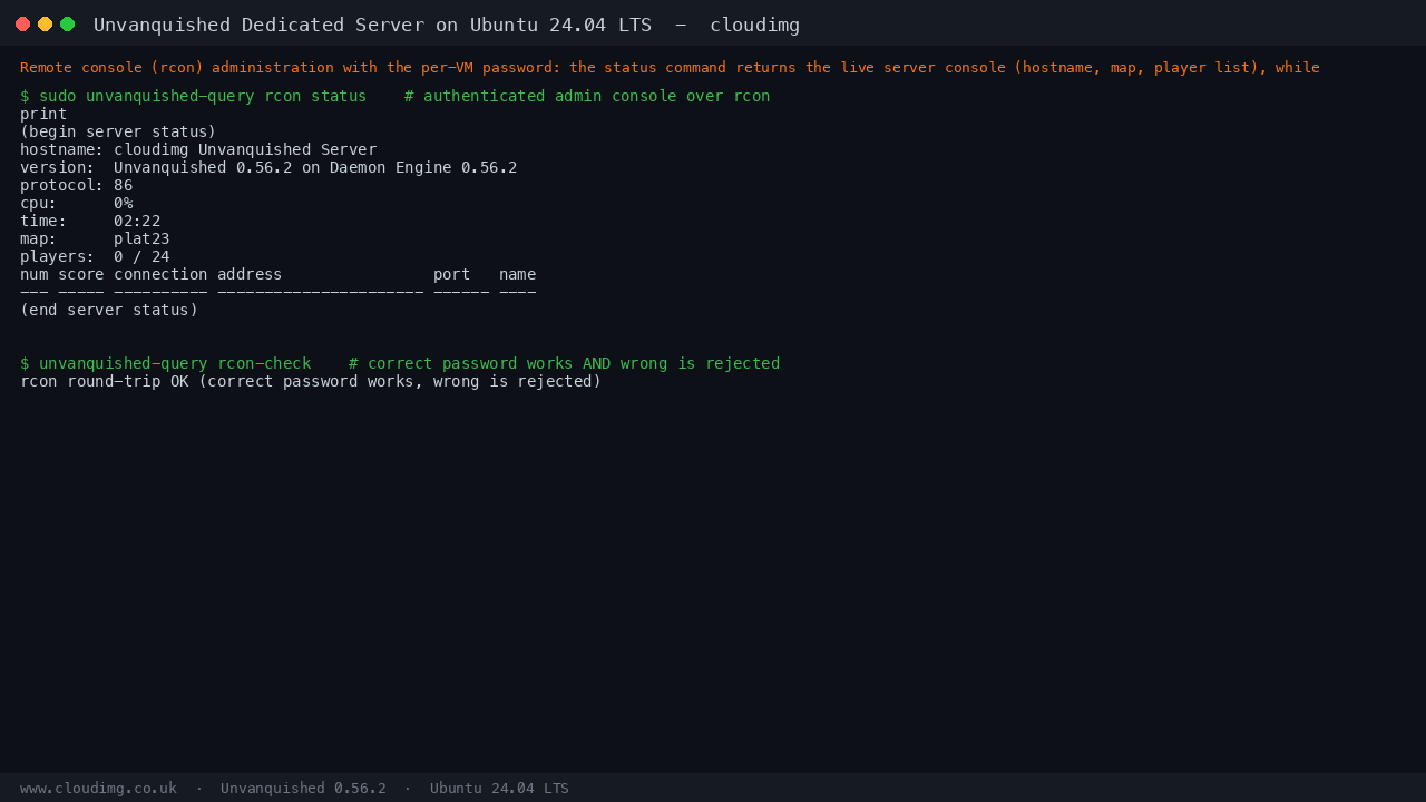Remote console administration with the per-VM password: the status command returns the live server console, while a wrong password is rejected