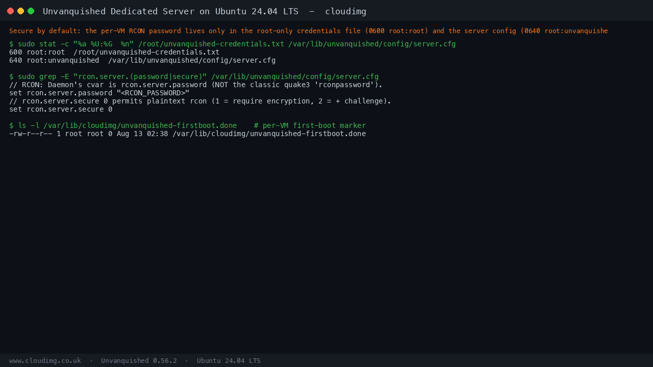 Secure by default: the per-VM RCON password lives only in the root-only credentials file and the server config, both generated on first boot