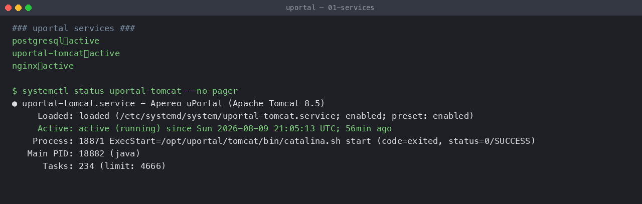 uPortal, PostgreSQL and nginx services active on Ubuntu 24.04
