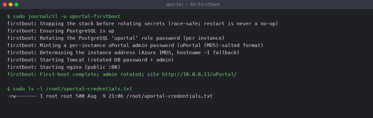 uPortal first boot: secrets rotated per instance and stored root-only