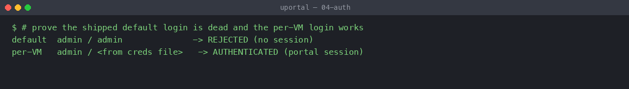 uPortal login round trip: the default admin login is rejected, the per-VM login is accepted